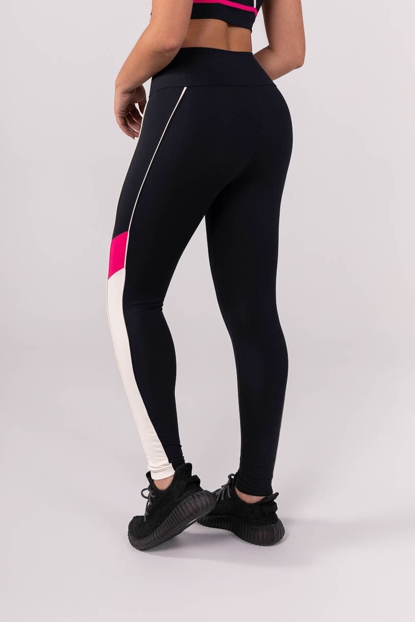 Calça Legging com Faixas e Vivos (Preto / Off-White / Rosa) | Ref: K3891-A