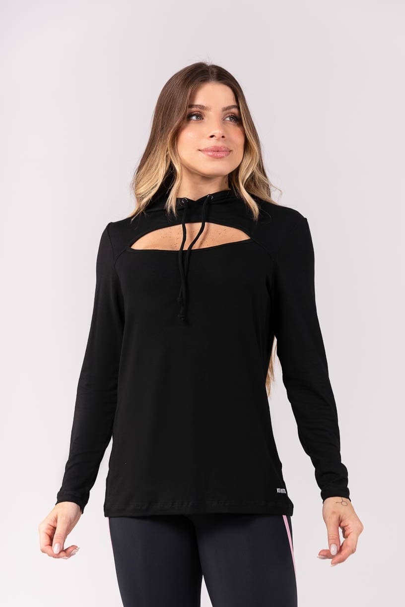Blusa com Abertura e Capuz (Preto) | Ref: K3921-A