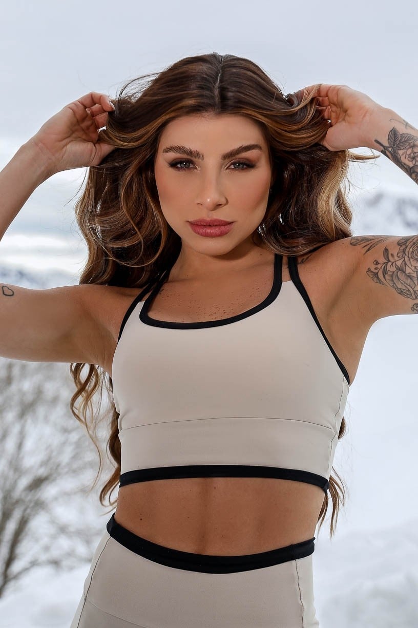 Top com Alças Duplas e Vira no Cós (Preto / Bege) | Ref: K4273-A