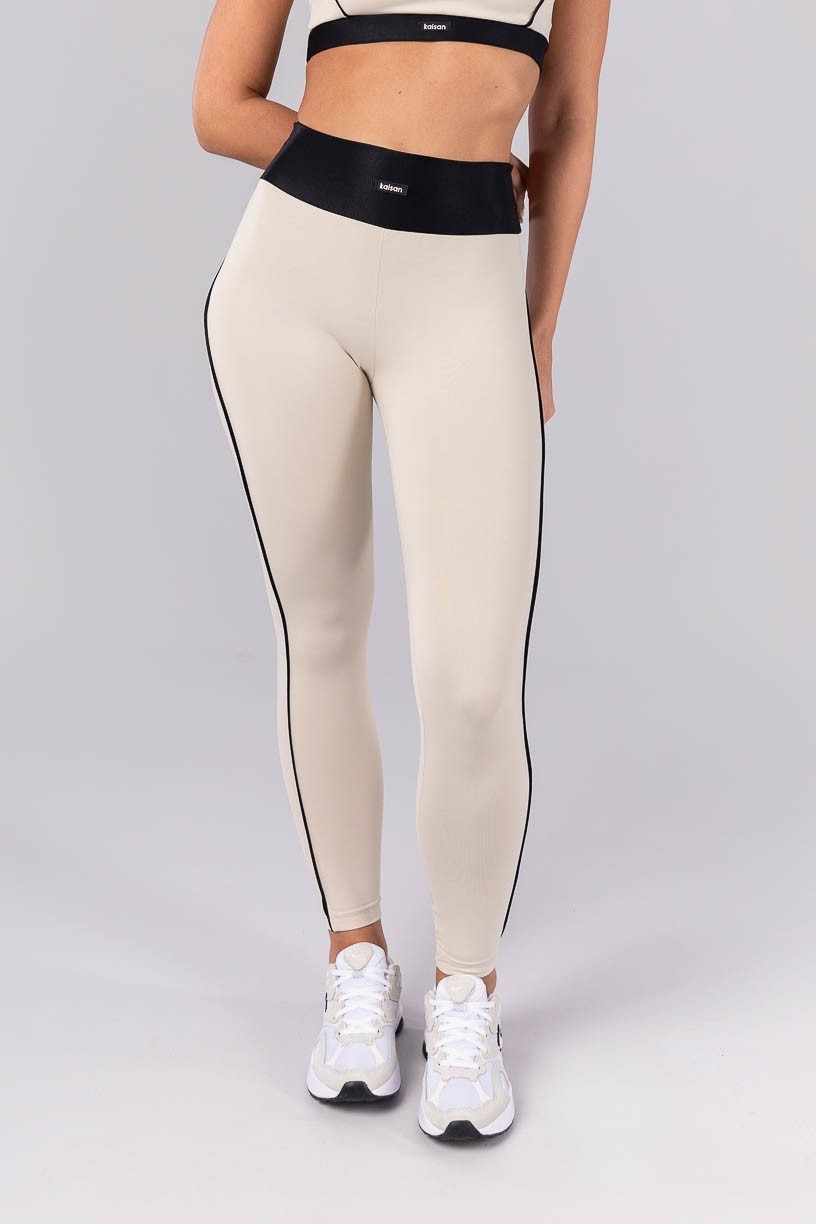 Calça Legging com Cós e Vivo Canelado (Bege / Preto) | Ref: K4393-A