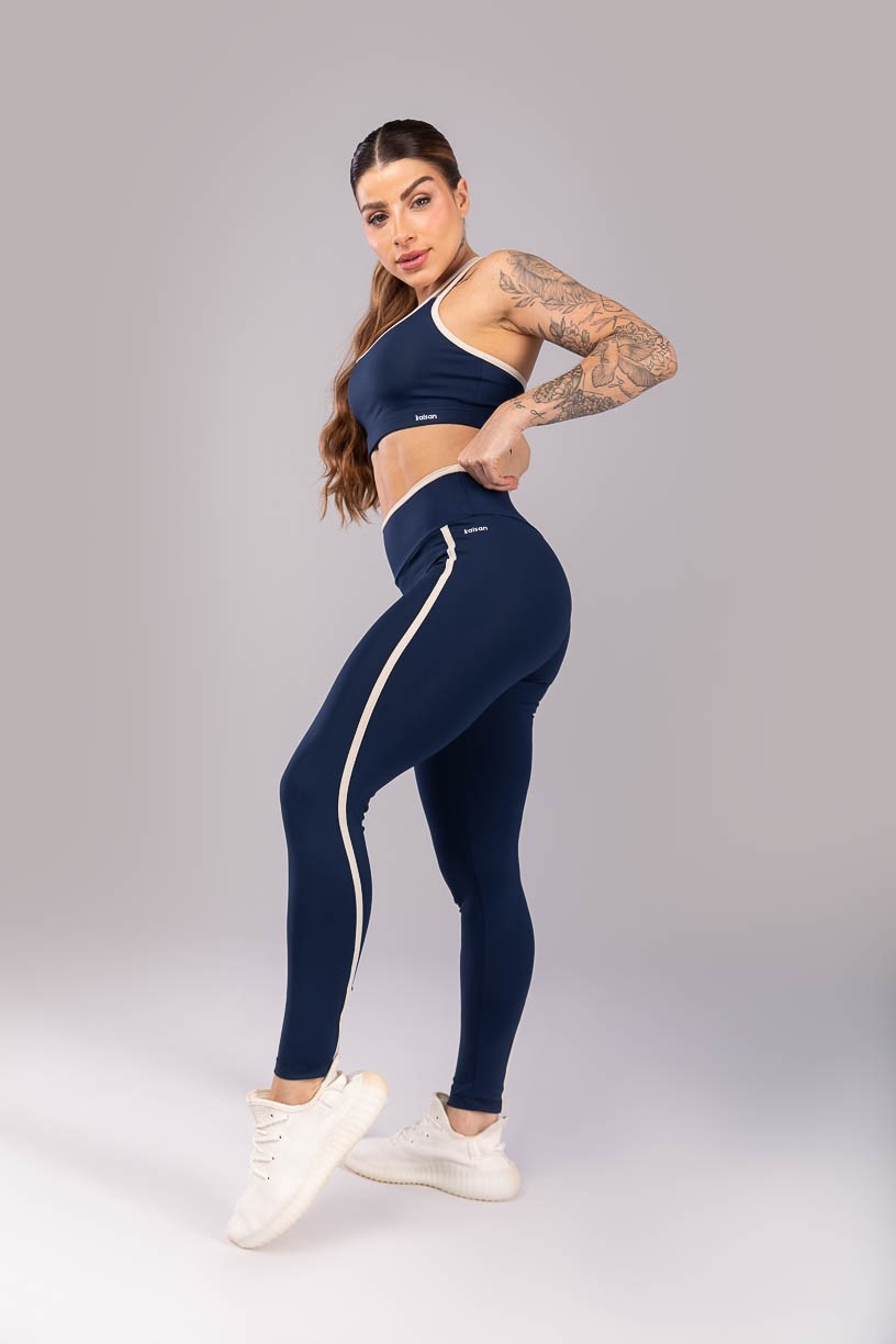 Calça Legging com Cós de Vira e Chapado (Azul Marinho / Bege) | Ref: K4419-A