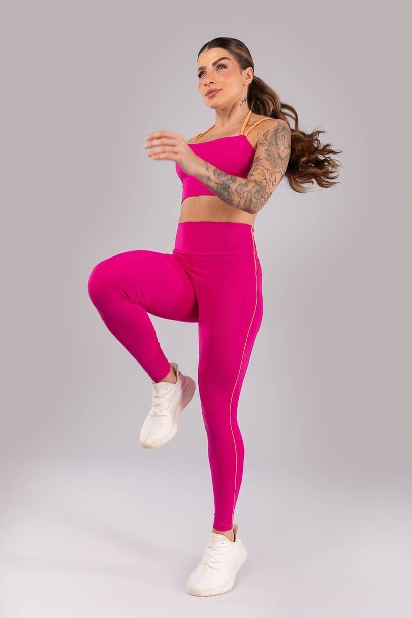 Calça Legging com Vivo Contrastante (Rosa Choque / Laranja Claro) | Ref: K4425-B