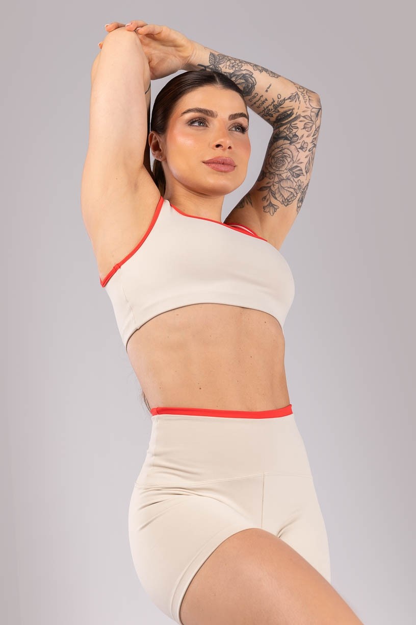 Short com Cós de Vira (Bege / Vermelho Tomate) | Ref: K4221-E