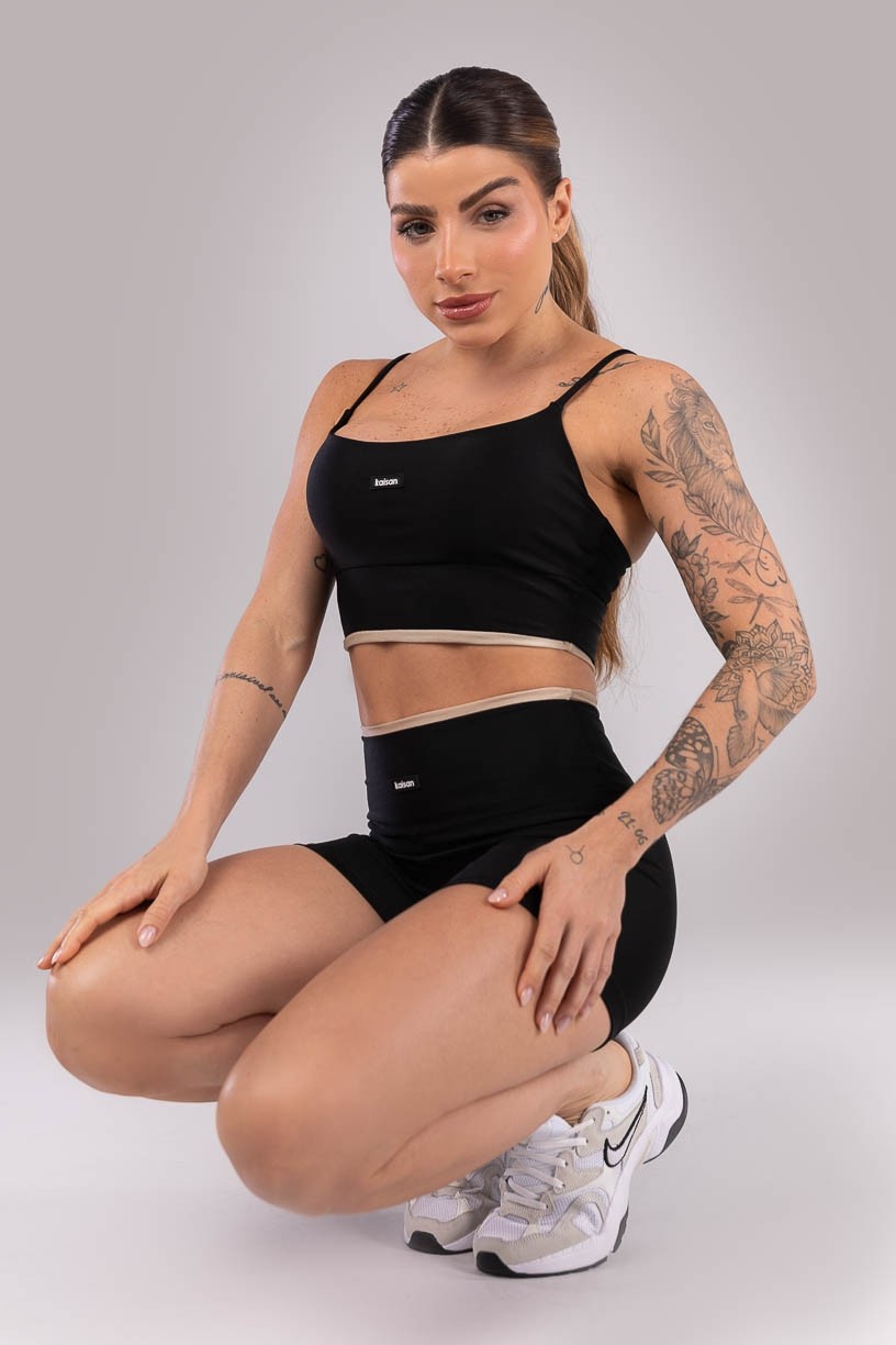 Short com Vira no Cós (Preto / Bege) | Ref: K4437-A