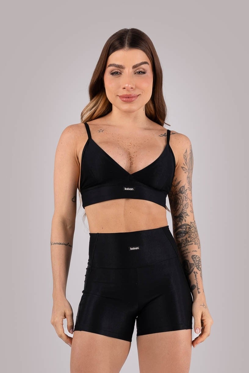 Top Triângulo Canelado com Alças Reguláveis (Preto) | Ref: K4430-A