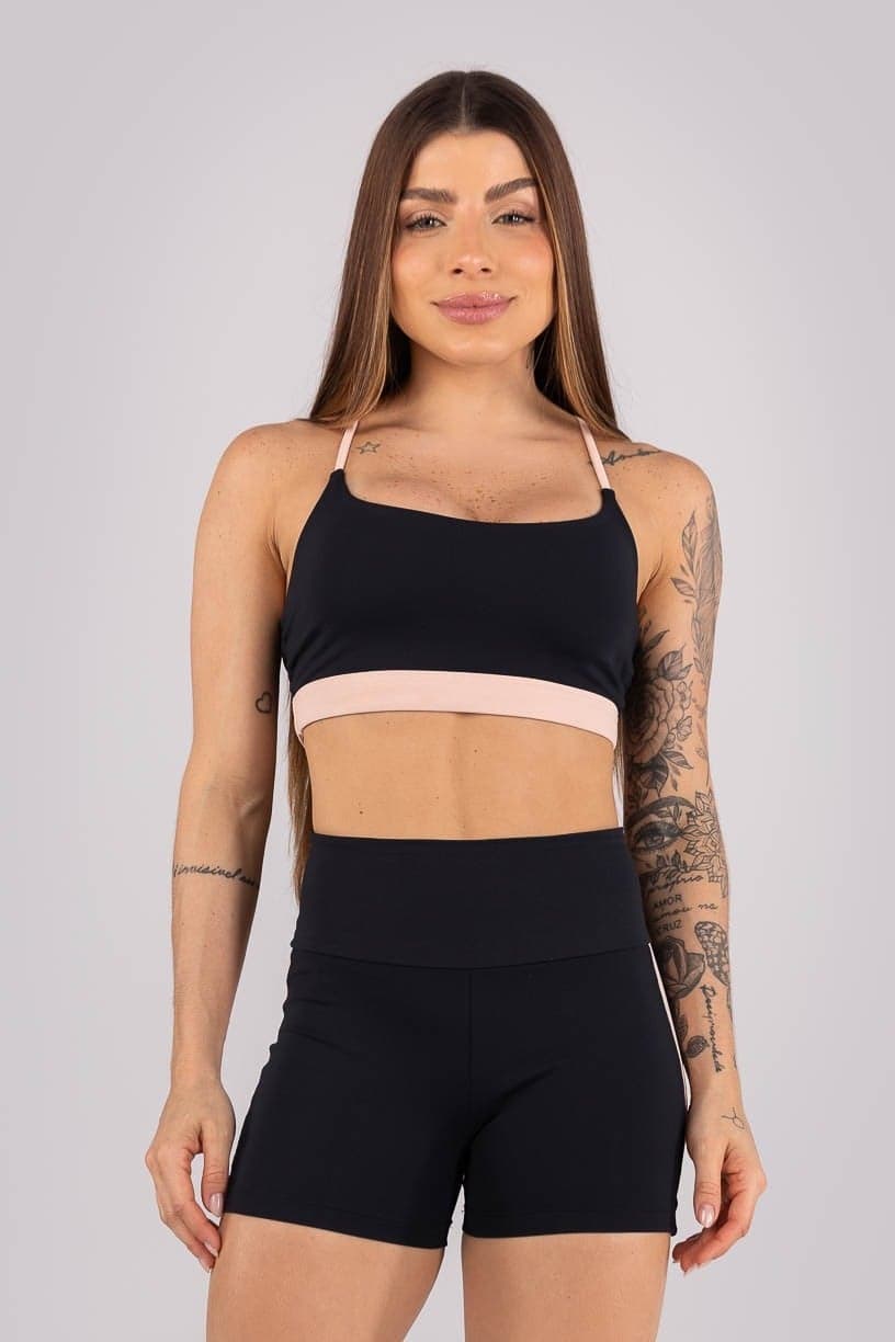 Top com Alças e Nadador Vazado (Preto / Rosa Bebê) | Ref: K4464-A