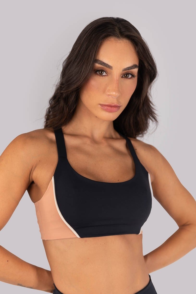 Top com Alças Cruzadas e Recortes com Vivo (Preto / Bege) | Ref: K4557-A