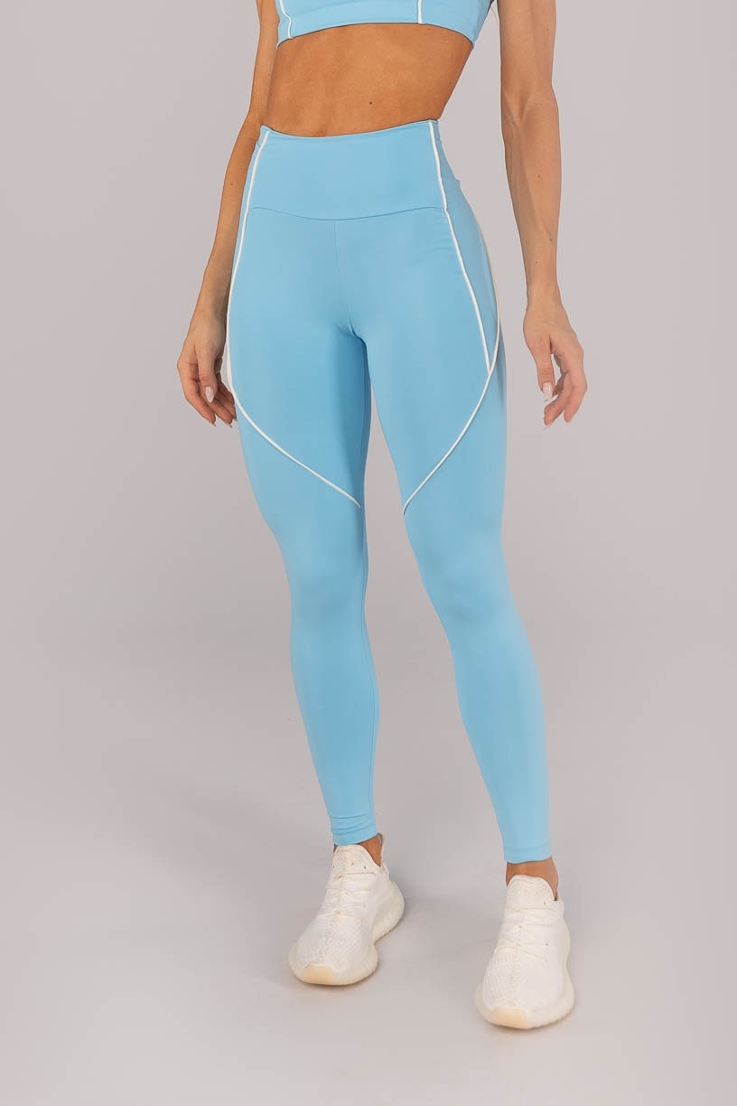Calça Legging com Bolso e Vivo nas Laterais (Azul Céu / Off-White) | Ref: K4589-A