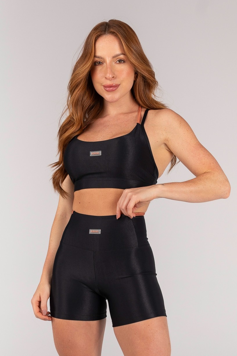 Top Mix de Tecidos com Alças e Tiras Cruzadas nas Costas (Preto) | Ref: K4658-B