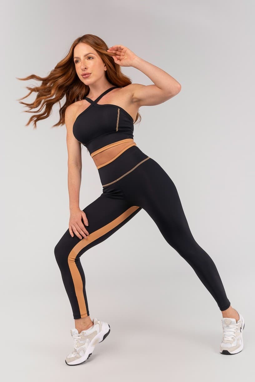 Calça Legging com Vira e Recorte Entrepernas (Preto / Caramelo) | Ref: K4667-A