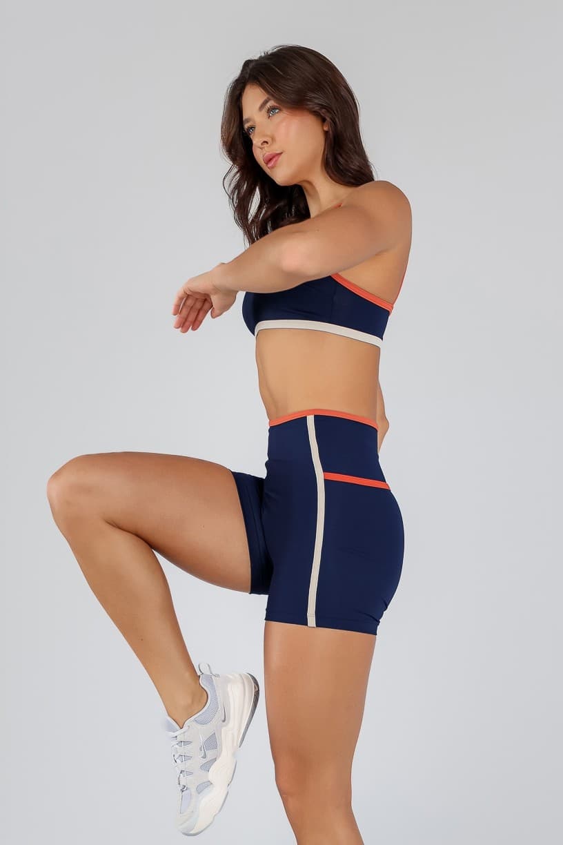 Short sem Cós Aparente e Listras (Azul Marinho / Cobre / Off-White) | Ref: K4714-A