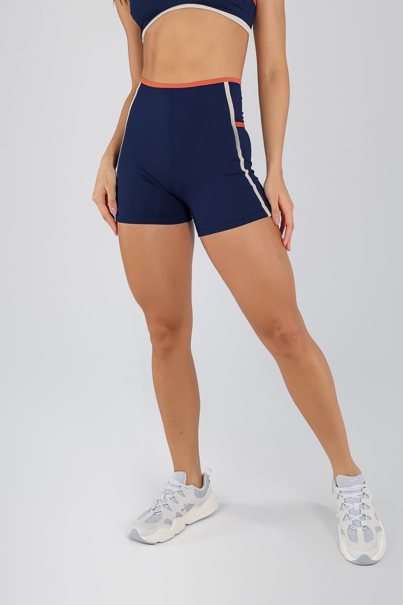 Short sem Cós Aparente e Listras (Azul Marinho / Cobre / Off-White) | Ref: K4714-A