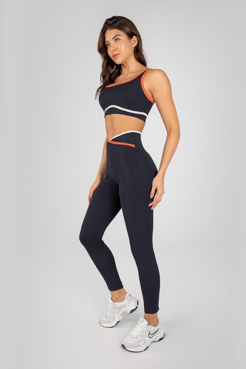 Calça Legging Mix com Cós Transpassado com Duo Vira (Preto / Cobre / Off-White) | Ref: K4722-A