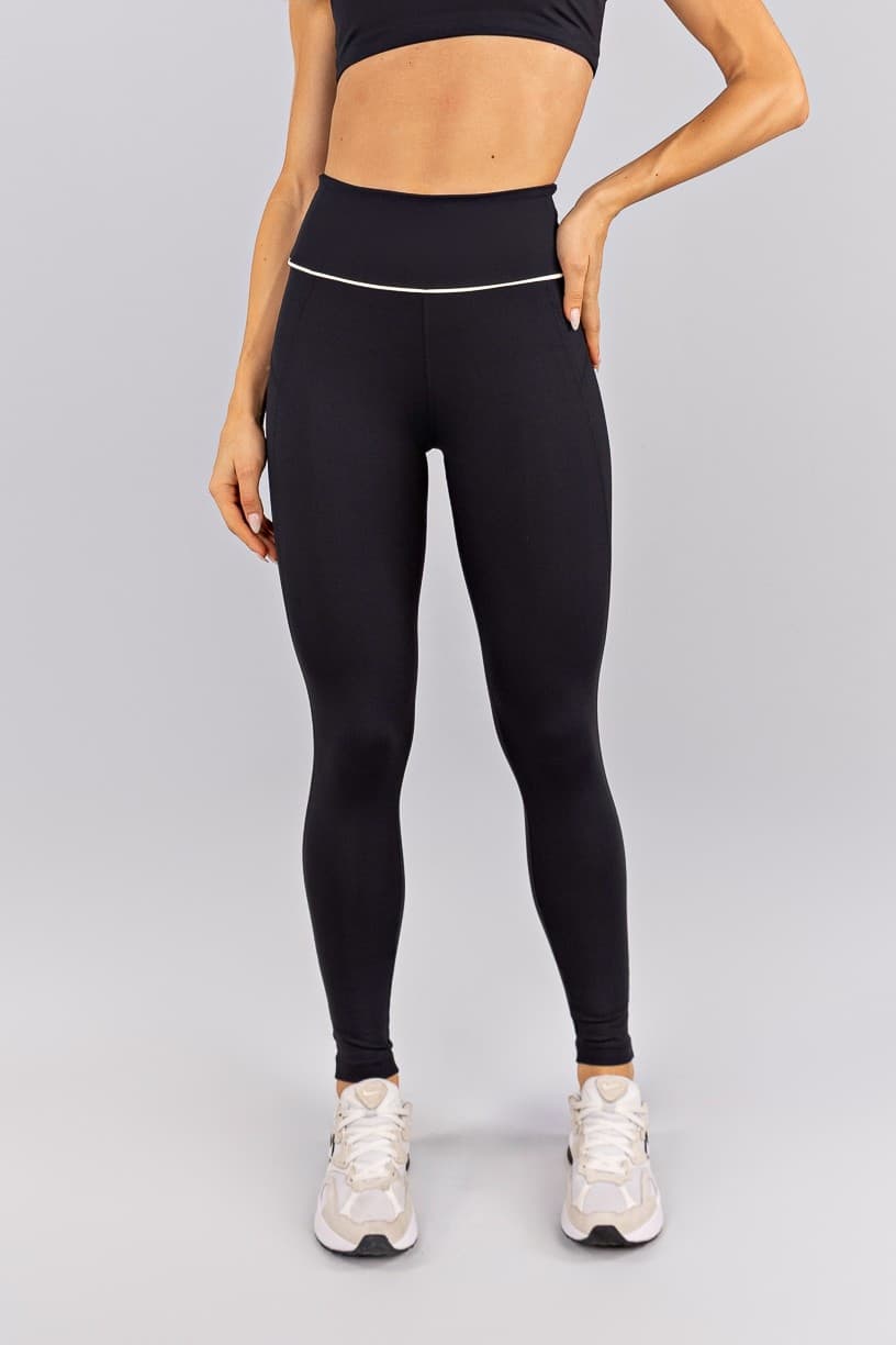 Calça Legging com Recortes e Vivo no Cós (Preto / Vanilla) | Ref: K4754-C