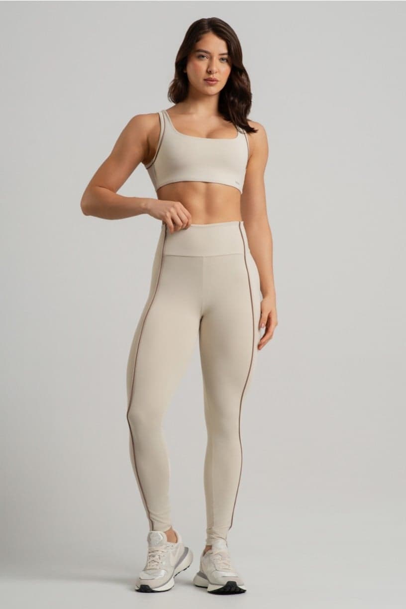 Calça Legging com Chapado e Vivo Contrastante (Off-White / Canela) | Ref: K4931-B