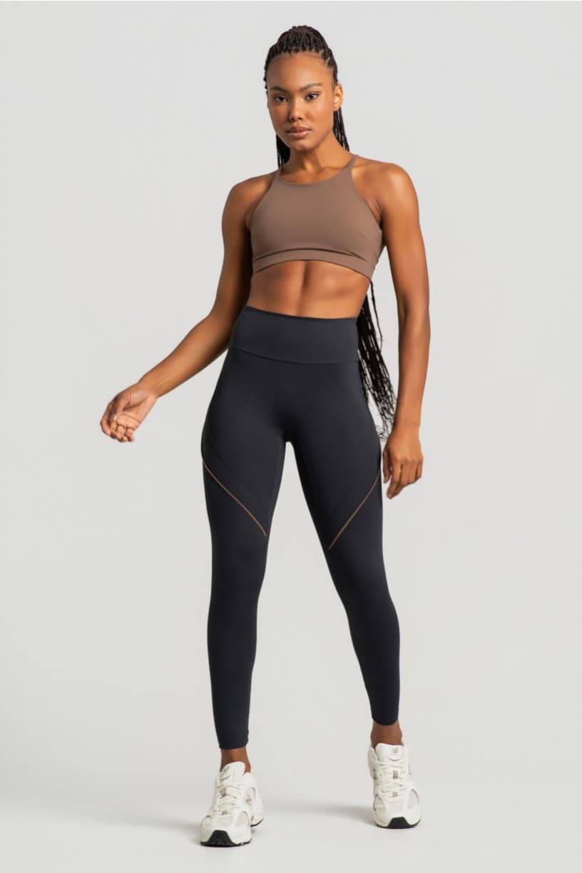 Calça Legging sem Gancho com Recorte e Vivo (Preto / Capuccino) | Ref: K4963-B