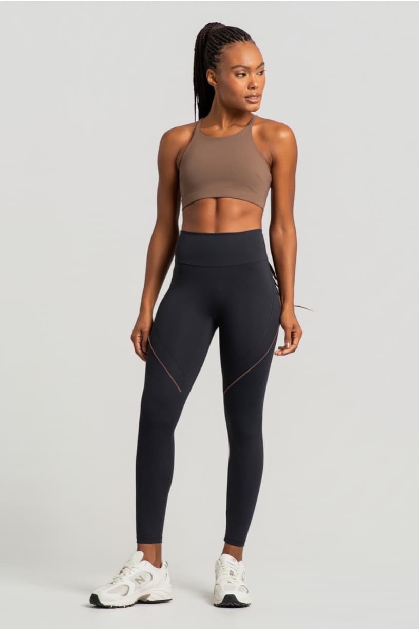 Calça Legging sem Gancho com Recorte e Vivo (Preto / Capuccino) | Ref: K4963-B