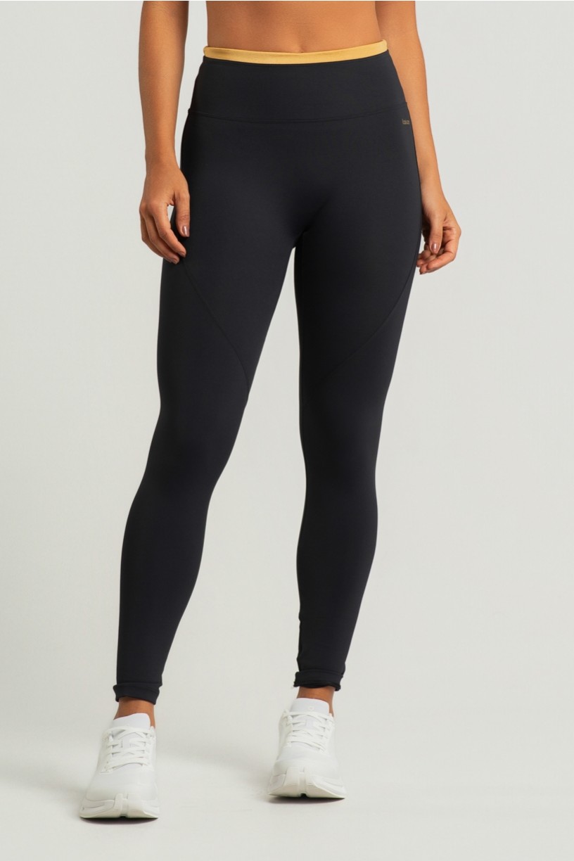 Calça Legging sem Gancho com Detalhe Platinado (Preto / Ouro) | Ref: K4363-B