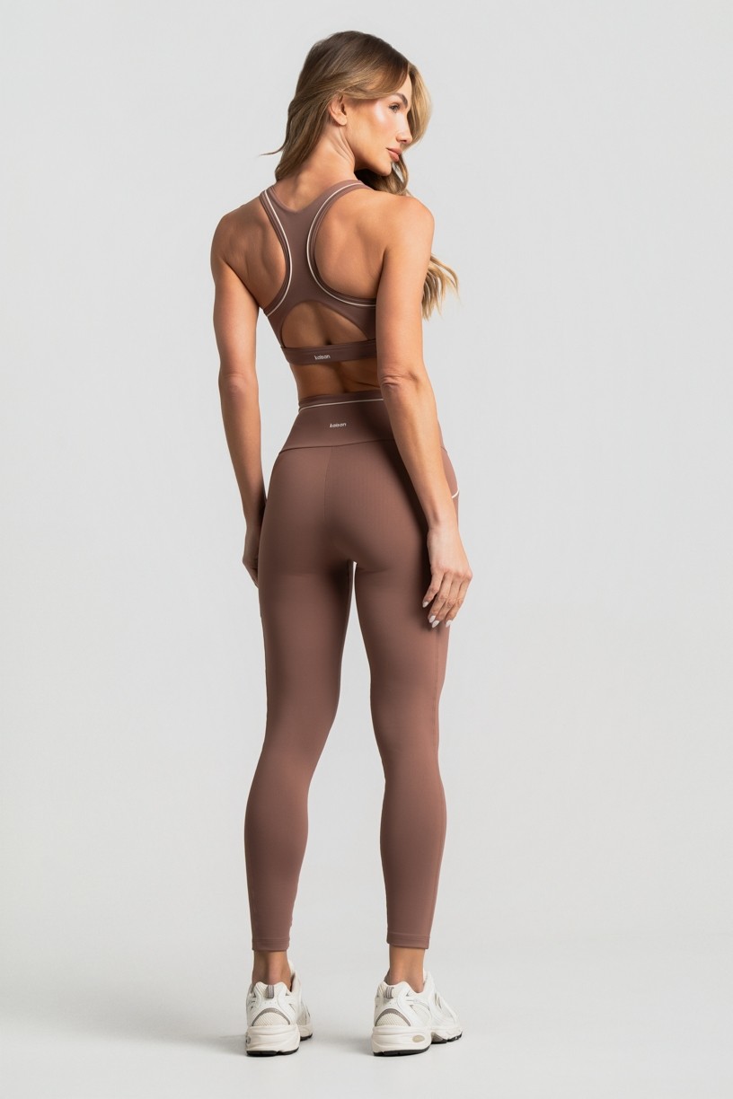 Calça Legging com Bolsos e Vivos Contrastantes (Canela / Off-White) | Ref: K5032-A