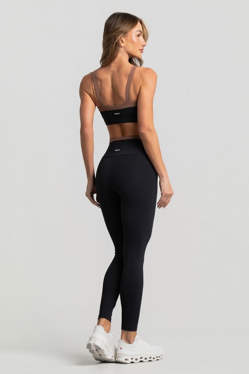 Calça Legging com Vira Contrastante e Chapado (Preto / Canela) | Ref: K5035-A