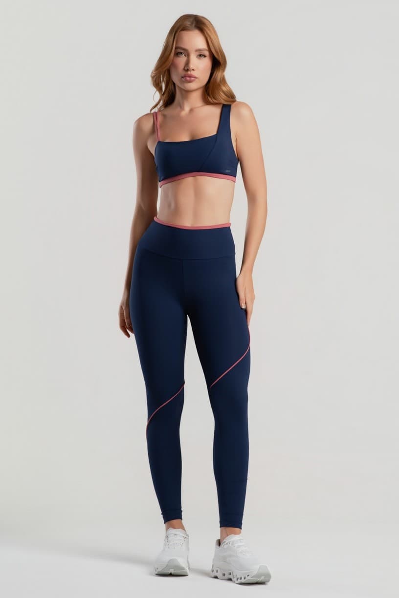 Calça Legging com Recortes Assimétricos (Azul Marinho / Híbisco) | Ref: K5078-A