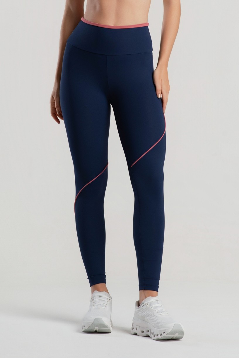 Calça Legging com Recortes Assimétricos (Azul Marinho / Híbisco) | Ref: K5078-A