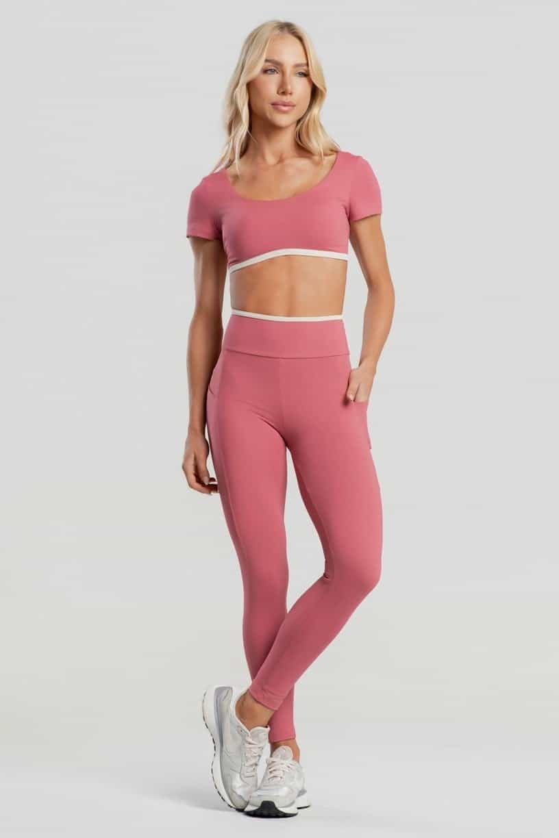 Calça Legging com Bolsos e Vira Contrastante (Hibisco / Off-White) | Ref: K4878-C