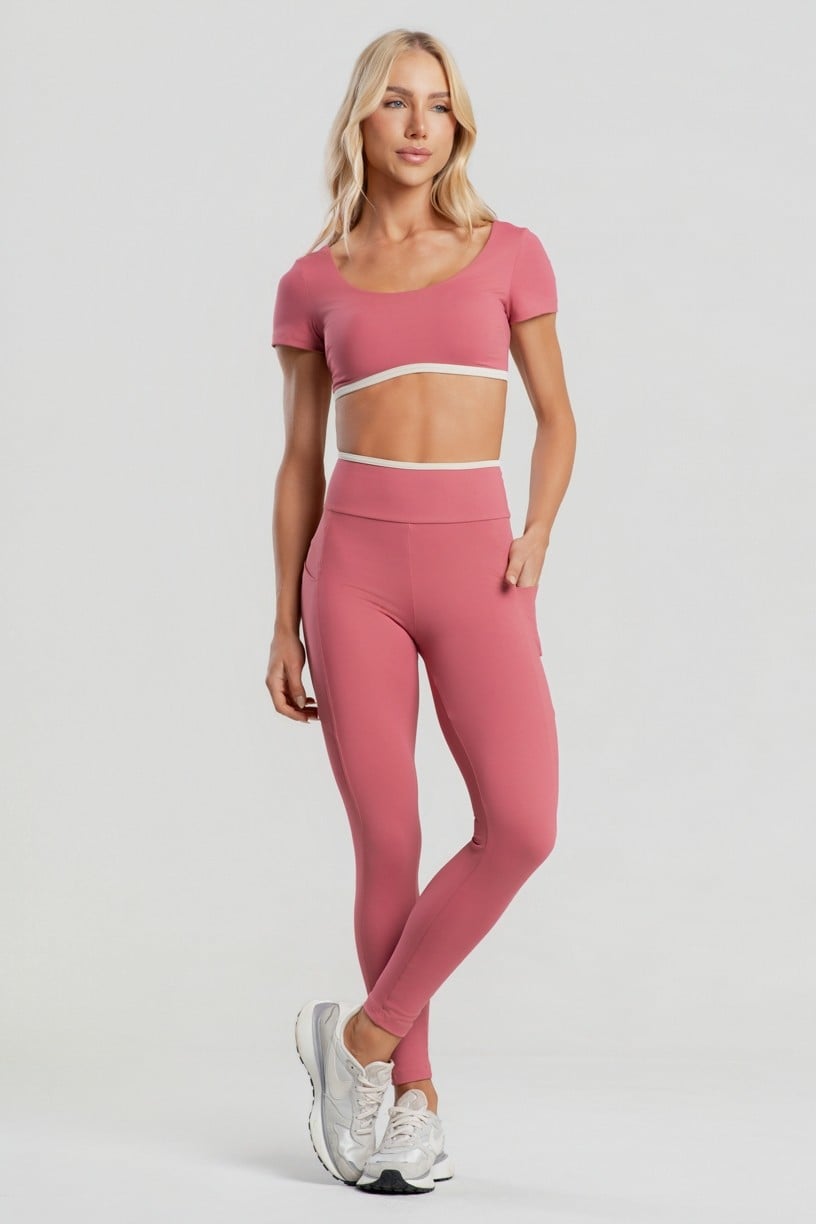 Calça Legging com Bolsos e Vira Contrastante (Hibisco / Off-White) | Ref: K4878-C