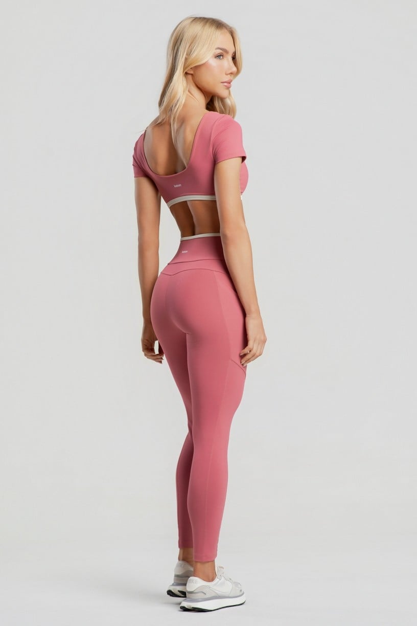 Calça Legging com Bolsos e Vira Contrastante (Hibisco / Off-White) | Ref: K4878-C
