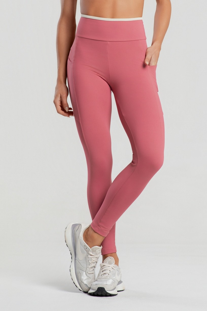 Calça Legging com Bolsos e Vira Contrastante (Hibisco / Off-White) | Ref: K4878-C