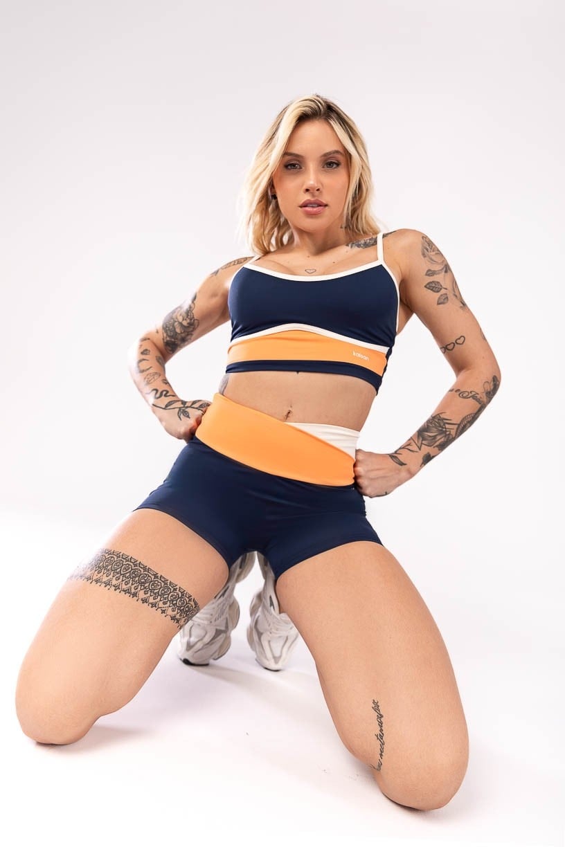 Short com Cós Transpassado (Azul Marinho / Laranja / Off White) | Ref: K4040-A