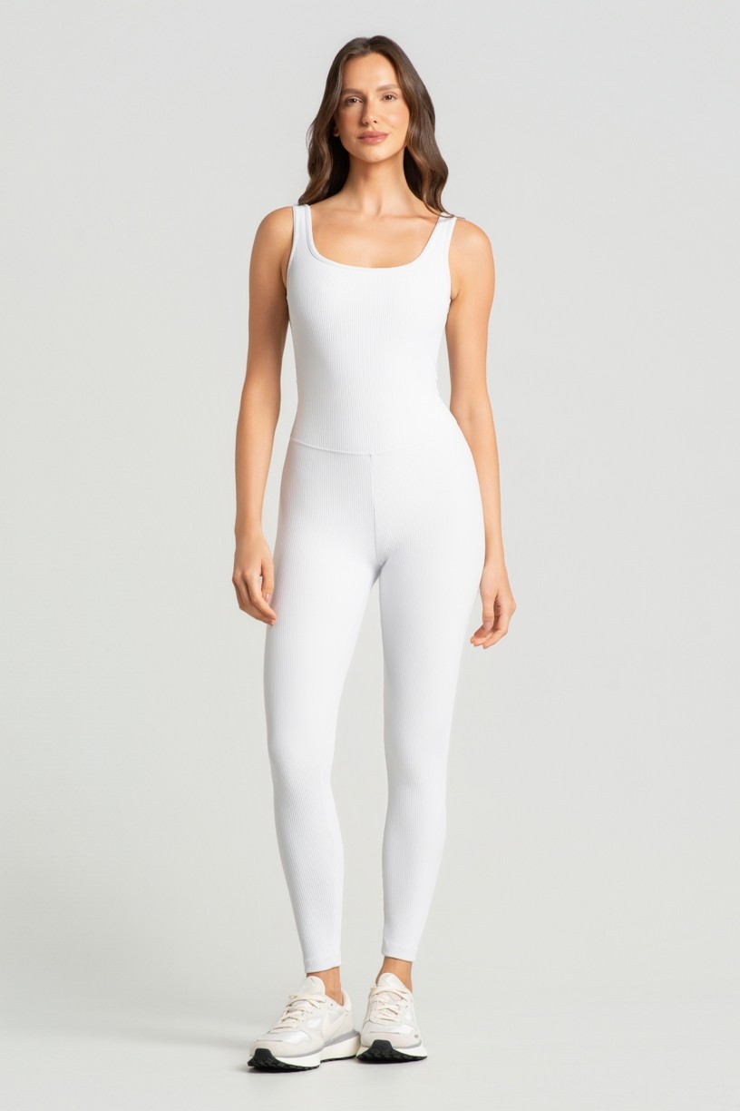 Macacão Canelado com Decote em V Nas Costas (Branco) | Ref: K5171-A