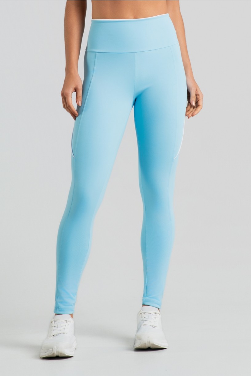 Calça Legging com Detalhes Contrastantes e Bolso (Azul Céu / Branco) | Ref: K5121-B
