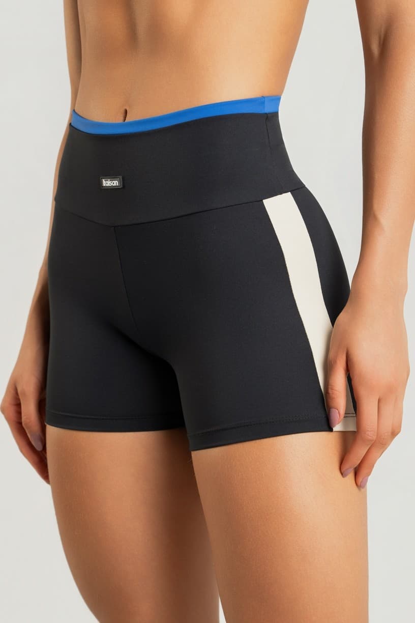 Short com Faixas Laterais no Entrepernas (Preto / Azul / Bege) | Ref: K4212-A