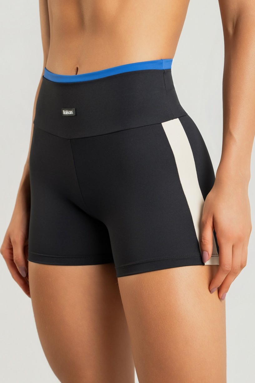 Short com Faixas Laterais no Entrepernas (Preto / Azul / Bege) | Ref: K4212-A